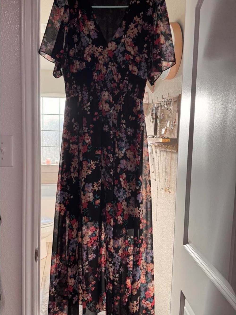 Floral V-Neck Flutter Sleeve Maxi Dress - Black Floral